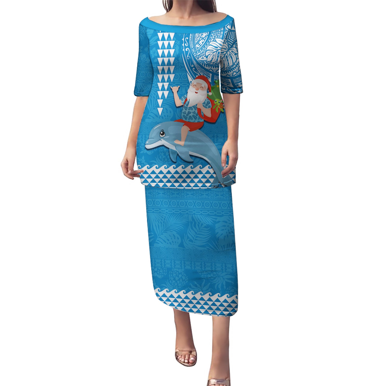 Hawaii Mele Kalikimaka Puletasi Santa Riding The DolPhin Mix Kakau Pattern Blue Style LT03 Long Dress Blue - Polynesian Pride