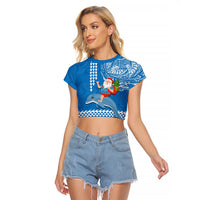 Hawaii Mele Kalikimaka Raglan Cropped T Shirt Santa Riding The DolPhin Mix Kakau Pattern Blue Style LT03 Female Blue - Polynesian Pride
