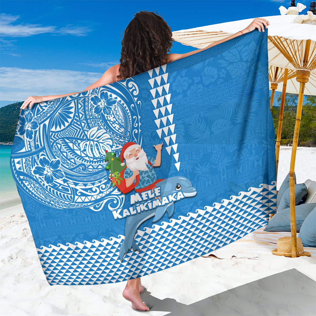 Hawaii Mele Kalikimaka Sarong Santa Riding The DolPhin Mix Kakau Pattern Blue Style LT03 One Size 44 x 66 inches Blue - Polynesian Pride