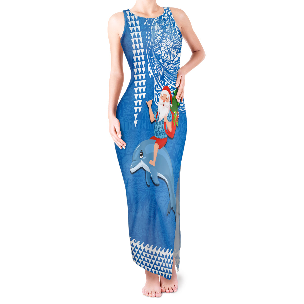 Hawaii Mele Kalikimaka Tank Maxi Dress Santa Riding The DolPhin Mix Kakau Pattern Blue Style LT03 Women Blue - Polynesian Pride