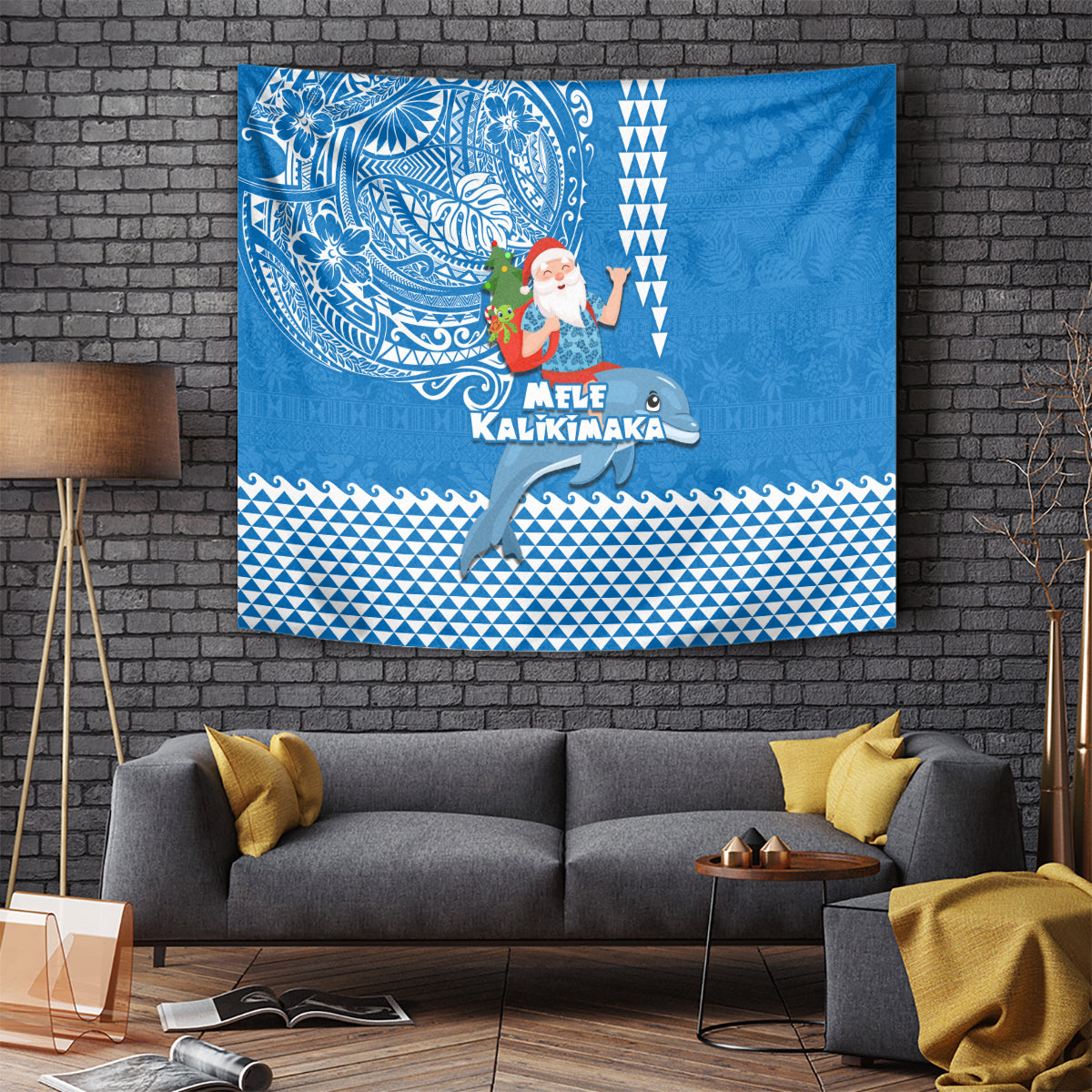 Hawaii Mele Kalikimaka Tapestry Santa Riding The DolPhin Mix Kakau Pattern Blue Style LT03 Blue - Polynesian Pride