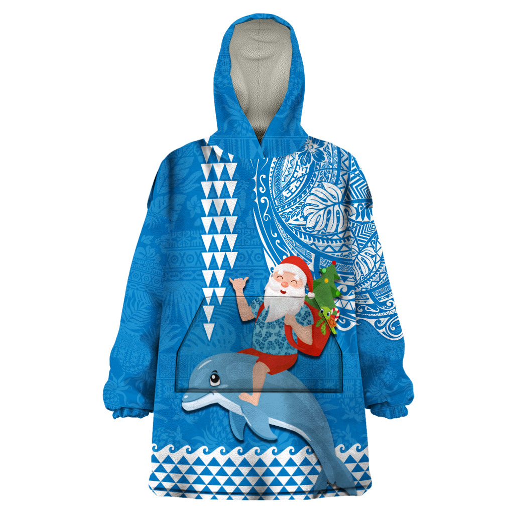 Hawaii Mele Kalikimaka Wearable Blanket Hoodie Santa Riding The DolPhin Mix Kakau Pattern Blue Style LT03 One Size Blue - Polynesian Pride