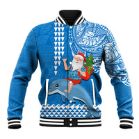 Custom Hawaii Mele Kalikimaka Baseball Jacket Santa Riding The DolPhin Mix Kakau Pattern Blue Style LT03 Unisex Blue - Polynesian Pride