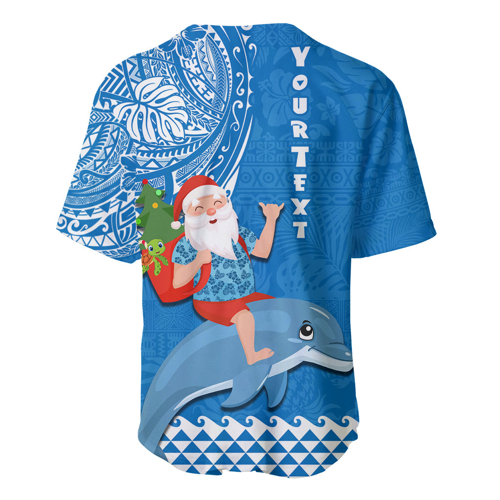 Custom Hawaii Mele Kalikimaka Baseball Jersey Santa Riding The DolPhin Mix Kakau Pattern Blue Style LT03 - Polynesian Pride