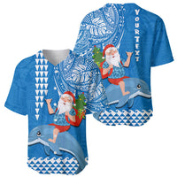 Custom Hawaii Mele Kalikimaka Baseball Jersey Santa Riding The DolPhin Mix Kakau Pattern Blue Style LT03 - Polynesian Pride