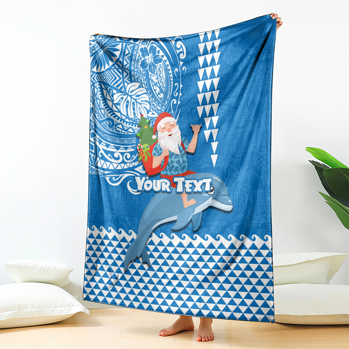 Custom Hawaii Mele Kalikimaka Blanket Santa Riding The DolPhin Mix Kakau Pattern Blue Style LT03 Blue - Polynesian Pride