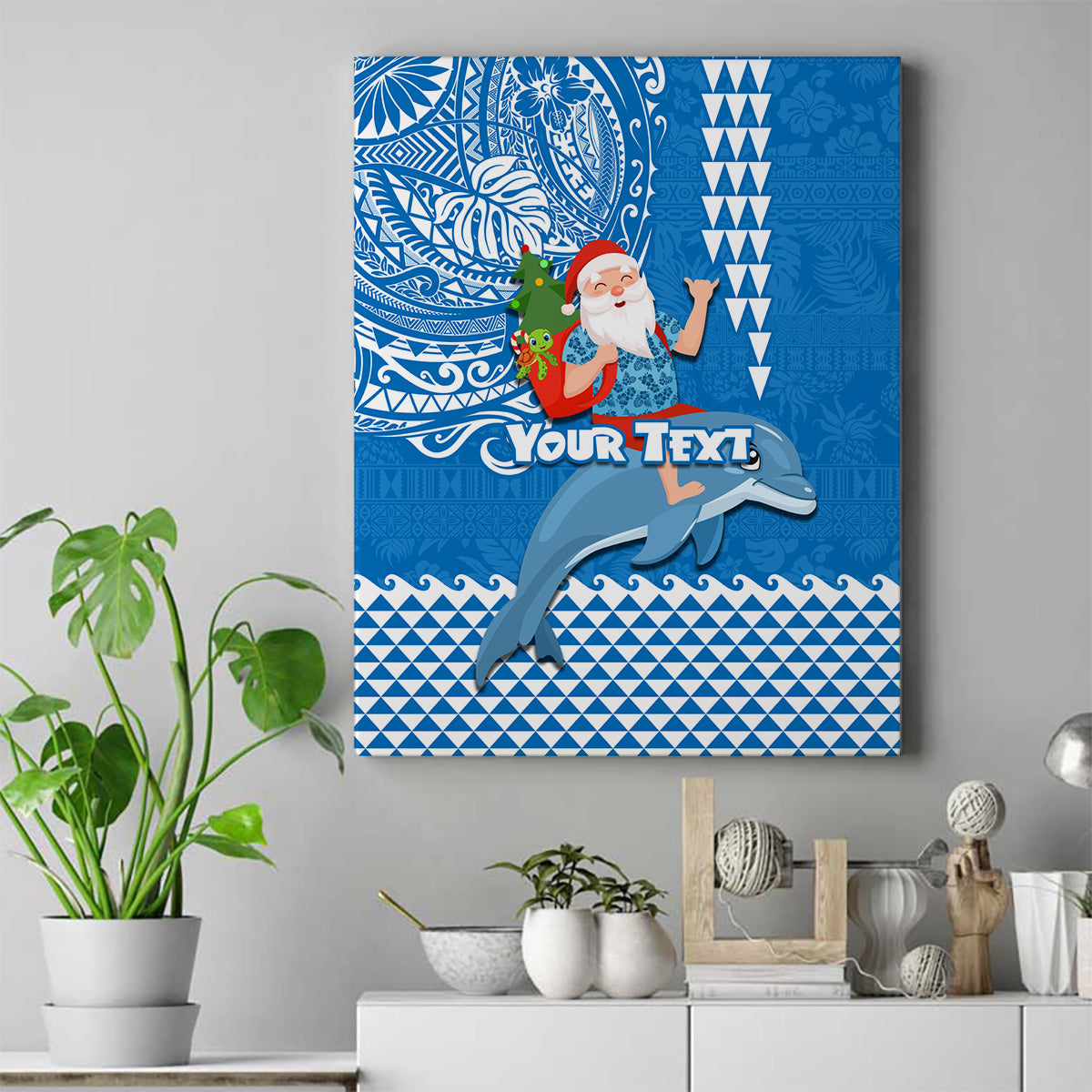 Custom Hawaii Mele Kalikimaka Canvas Wall Art Santa Riding The DolPhin Mix Kakau Pattern Blue Style LT03 Blue - Polynesian Pride