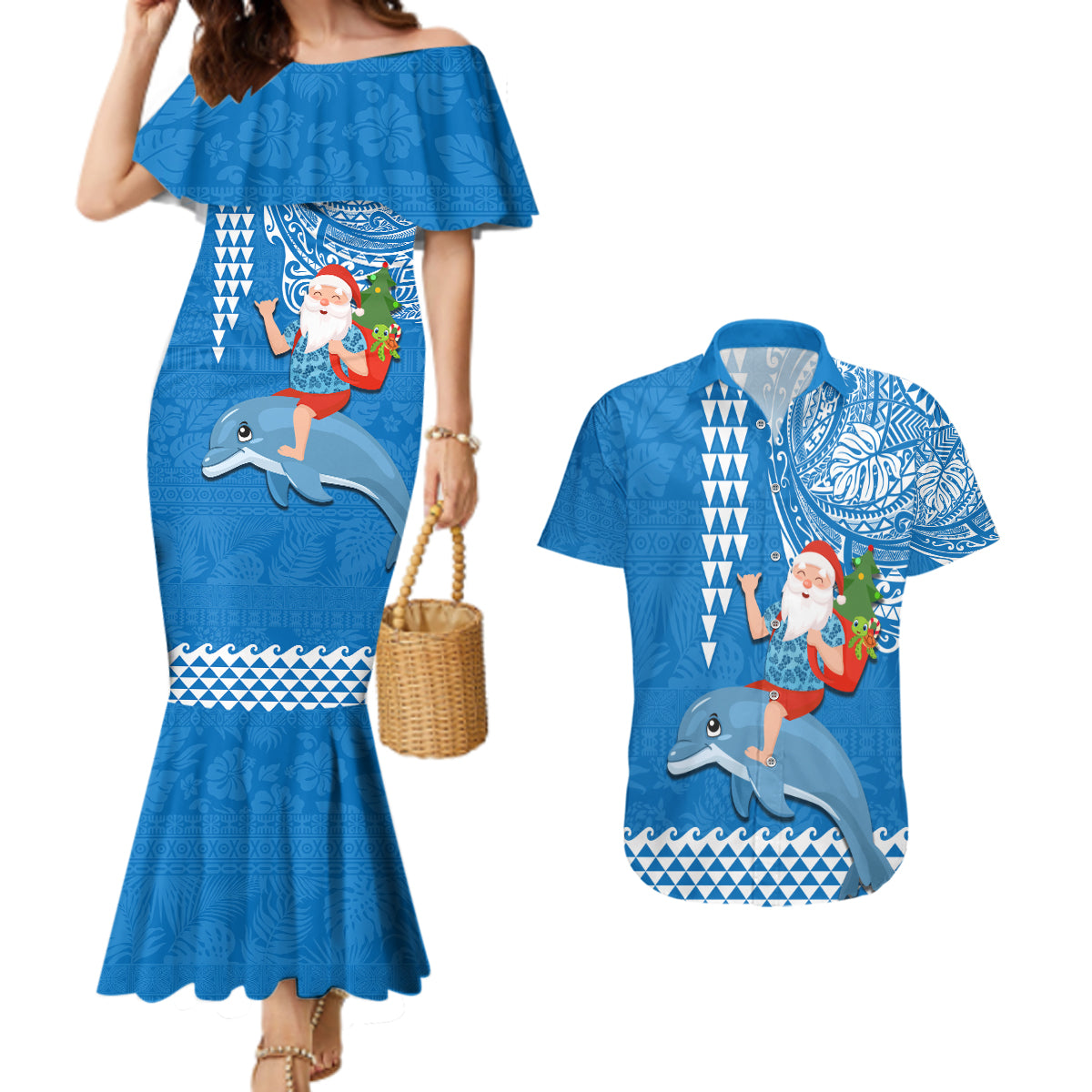 Custom Hawaii Mele Kalikimaka Couples Matching Mermaid Dress and Hawaiian Shirt Santa Riding The DolPhin Mix Kakau Pattern Blue Style LT03 Blue - Polynesian Pride