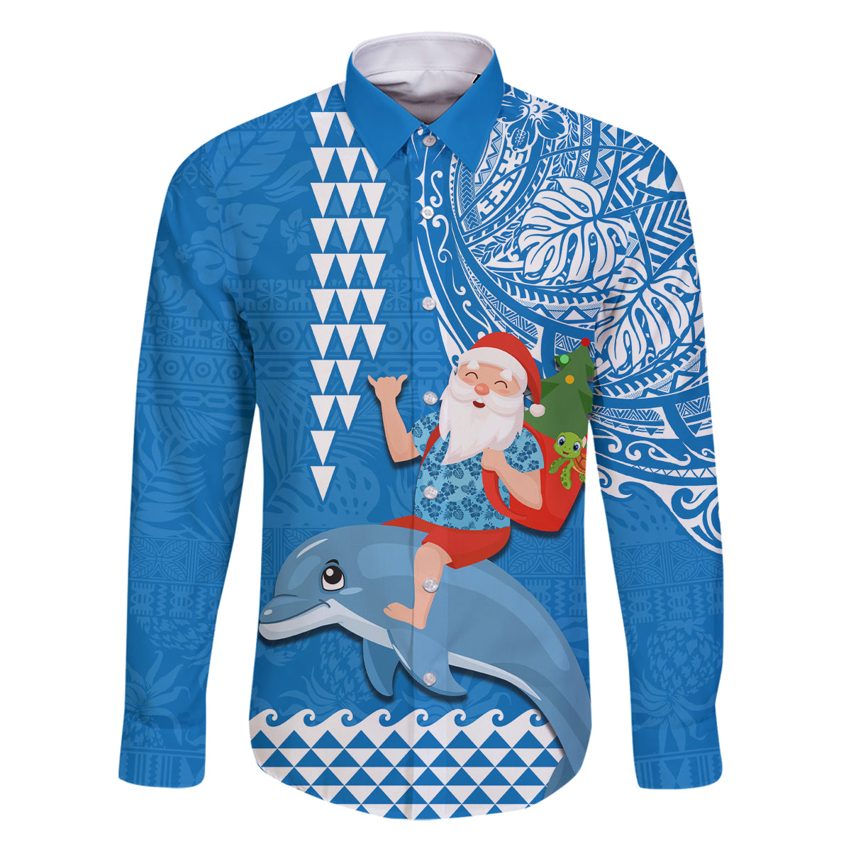 Custom Hawaii Mele Kalikimaka Family Matching Long Sleeve Bodycon Dress and Hawaiian Shirt Santa Riding The DolPhin Mix Kakau Pattern Blue Style LT03 Dad's Shirt - Long Sleeve Blue - Polynesian Pride