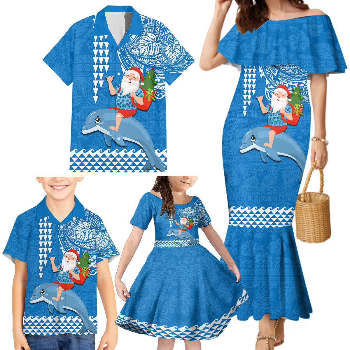 Custom Hawaii Mele Kalikimaka Family Matching Mermaid Dress and Hawaiian Shirt Santa Riding The DolPhin Mix Kakau Pattern Blue Style LT03 - Polynesian Pride