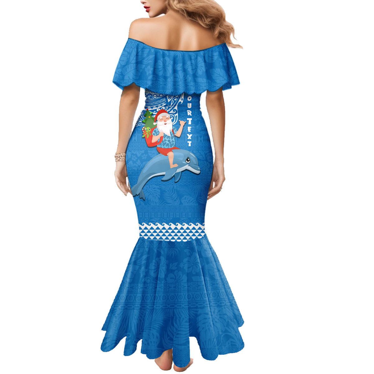 Custom Hawaii Mele Kalikimaka Family Matching Mermaid Dress and Hawaiian Shirt Santa Riding The DolPhin Mix Kakau Pattern Blue Style LT03 - Polynesian Pride