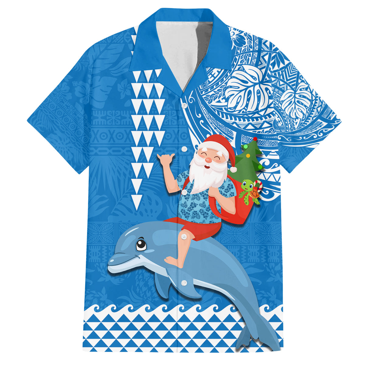 Custom Hawaii Mele Kalikimaka Family Matching Tank Maxi Dress and Hawaiian Shirt Santa Riding The DolPhin Mix Kakau Pattern Blue Style LT03 Dad's Shirt - Short Sleeve Blue - Polynesian Pride