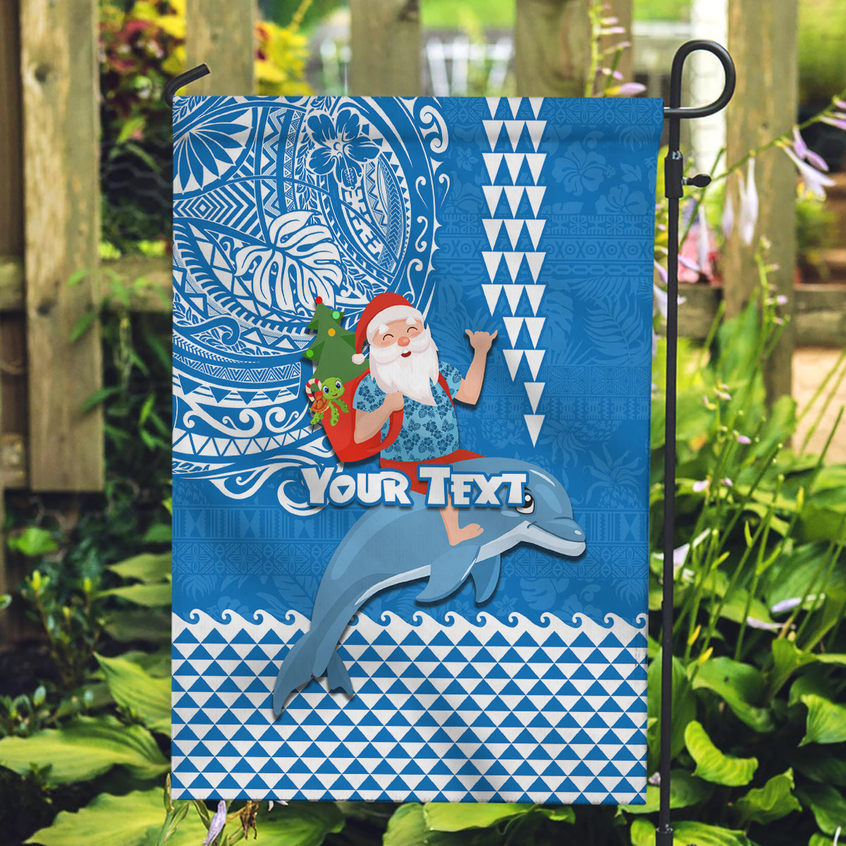 Custom Hawaii Mele Kalikimaka Garden Flag Santa Riding The DolPhin Mix Kakau Pattern Blue Style LT03 Garden Flag Blue - Polynesian Pride