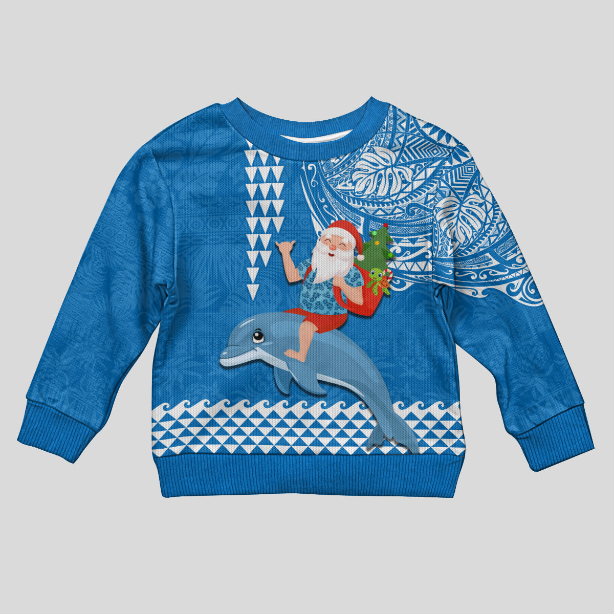 Custom Hawaii Mele Kalikimaka Kid Ugly Christmas Sweater Santa Riding The DolPhin Mix Kakau Pattern Blue Style LT03 Kid Blue - Polynesian Pride