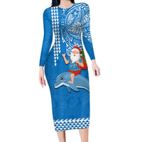 Custom Hawaii Mele Kalikimaka Long Sleeve Bodycon Dress Santa Riding The DolPhin Mix Kakau Pattern Blue Style LT03 Long Dress Blue - Polynesian Pride
