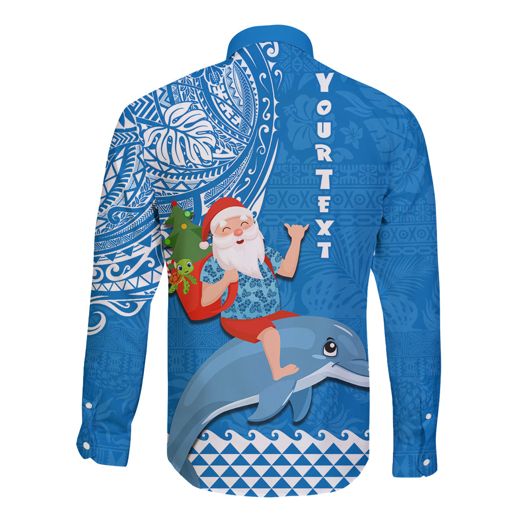 Custom Hawaii Mele Kalikimaka Long Sleeve Button Shirt Santa Riding The DolPhin Mix Kakau Pattern Blue Style LT03 - Polynesian Pride