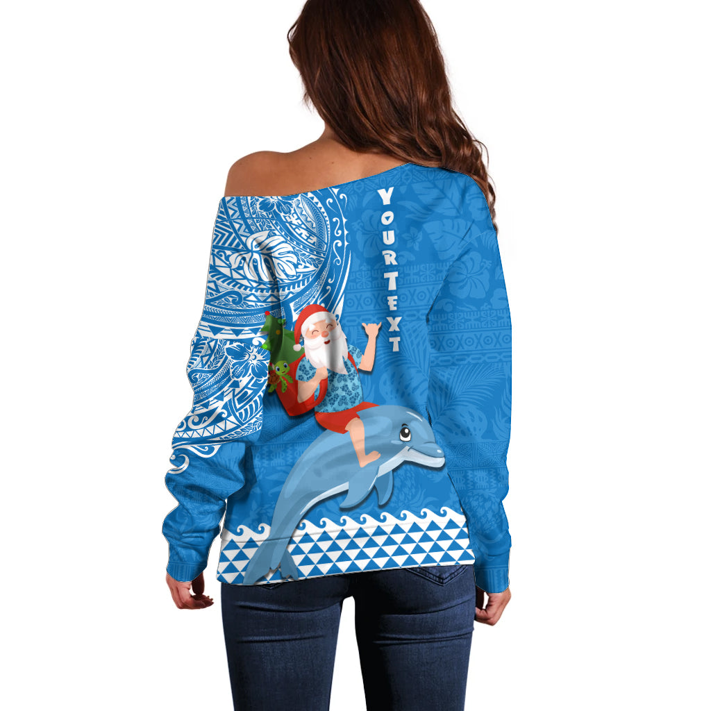Custom Hawaii Mele Kalikimaka Off Shoulder Sweater Santa Riding The DolPhin Mix Kakau Pattern Blue Style LT03 - Polynesian Pride