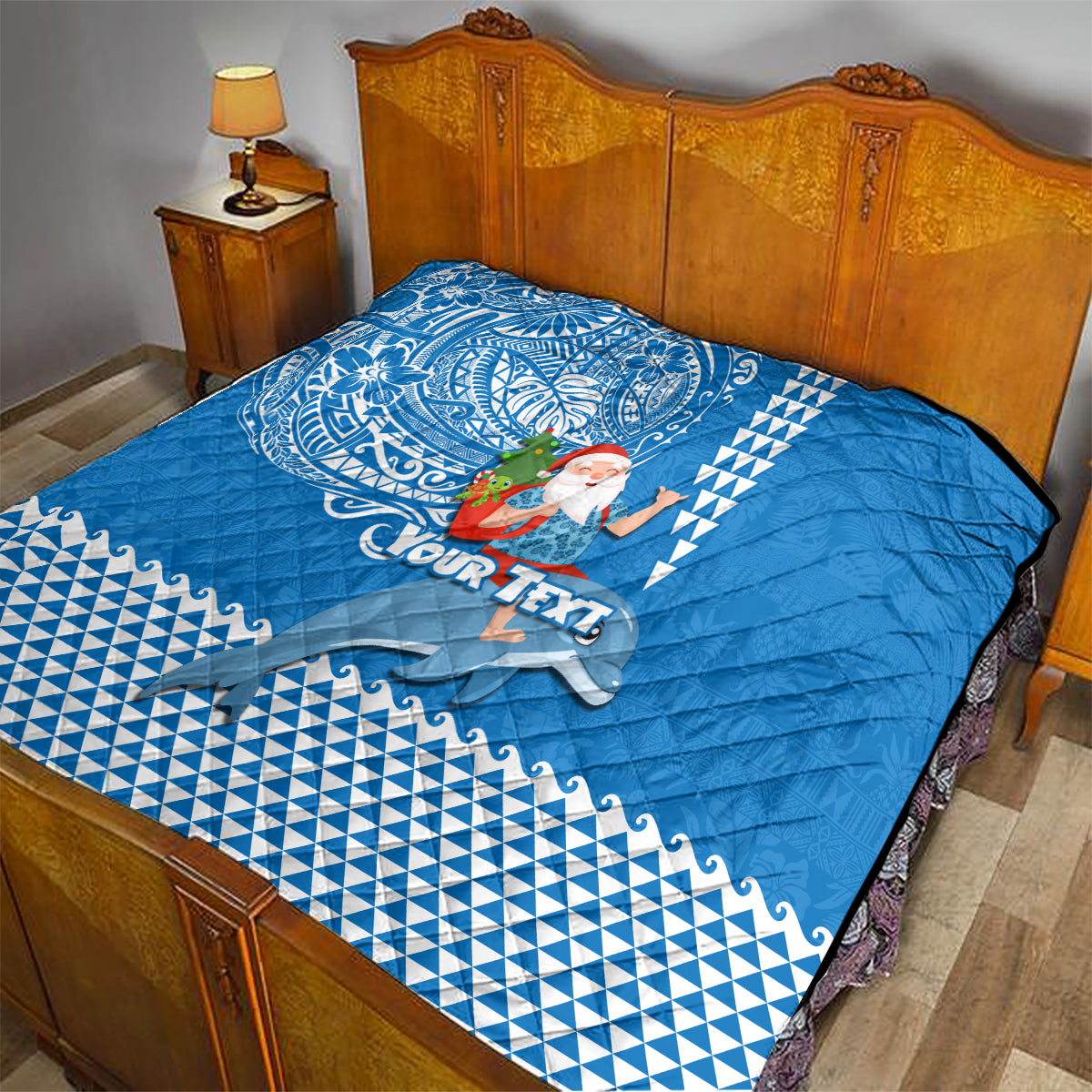 Custom Hawaii Mele Kalikimaka Quilt Santa Riding The DolPhin Mix Kakau Pattern Blue Style LT03 - Polynesian Pride