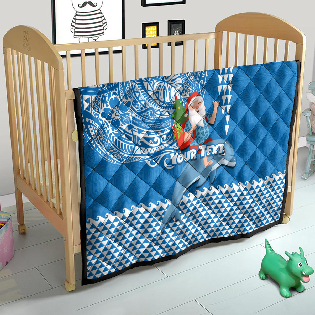 Custom Hawaii Mele Kalikimaka Quilt Santa Riding The DolPhin Mix Kakau Pattern Blue Style LT03 - Polynesian Pride