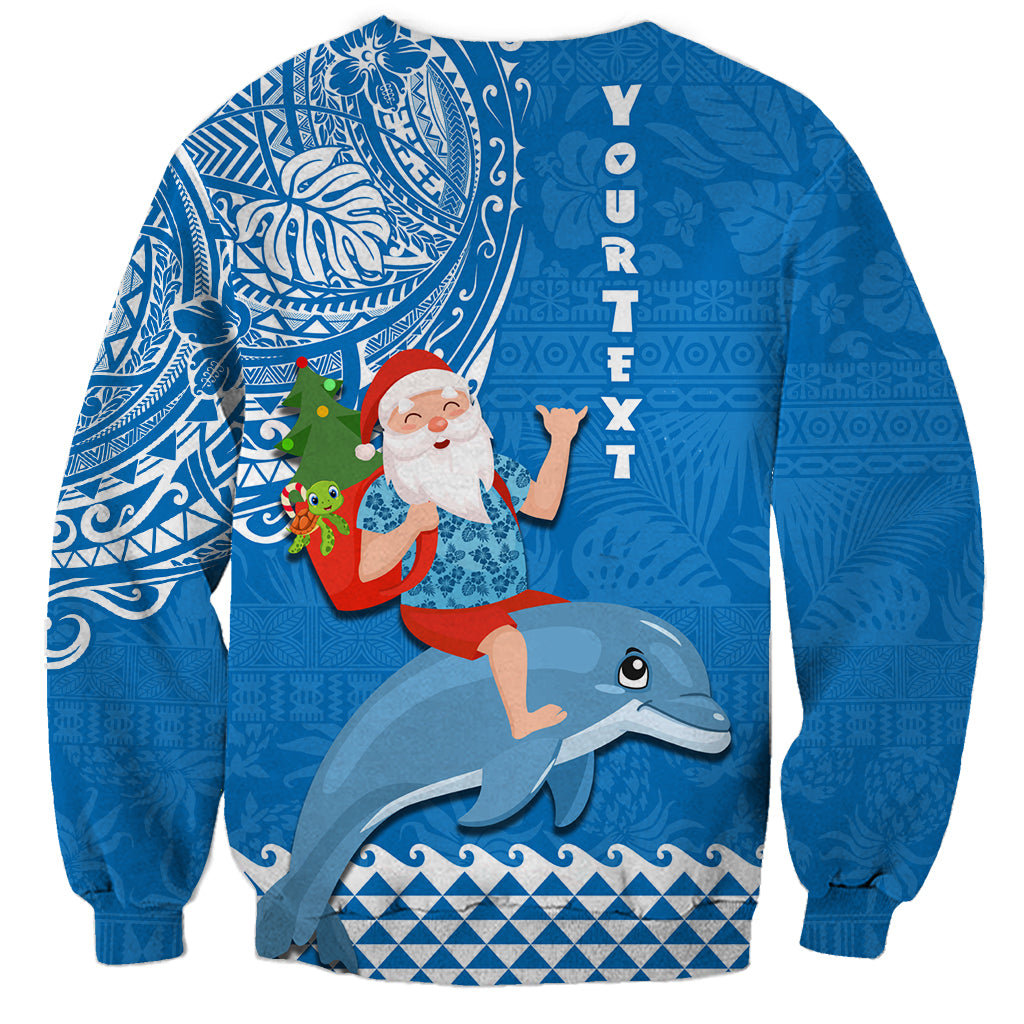 Custom Hawaii Mele Kalikimaka Sweatshirt Santa Riding The DolPhin Mix Kakau Pattern Blue Style LT03 - Polynesian Pride