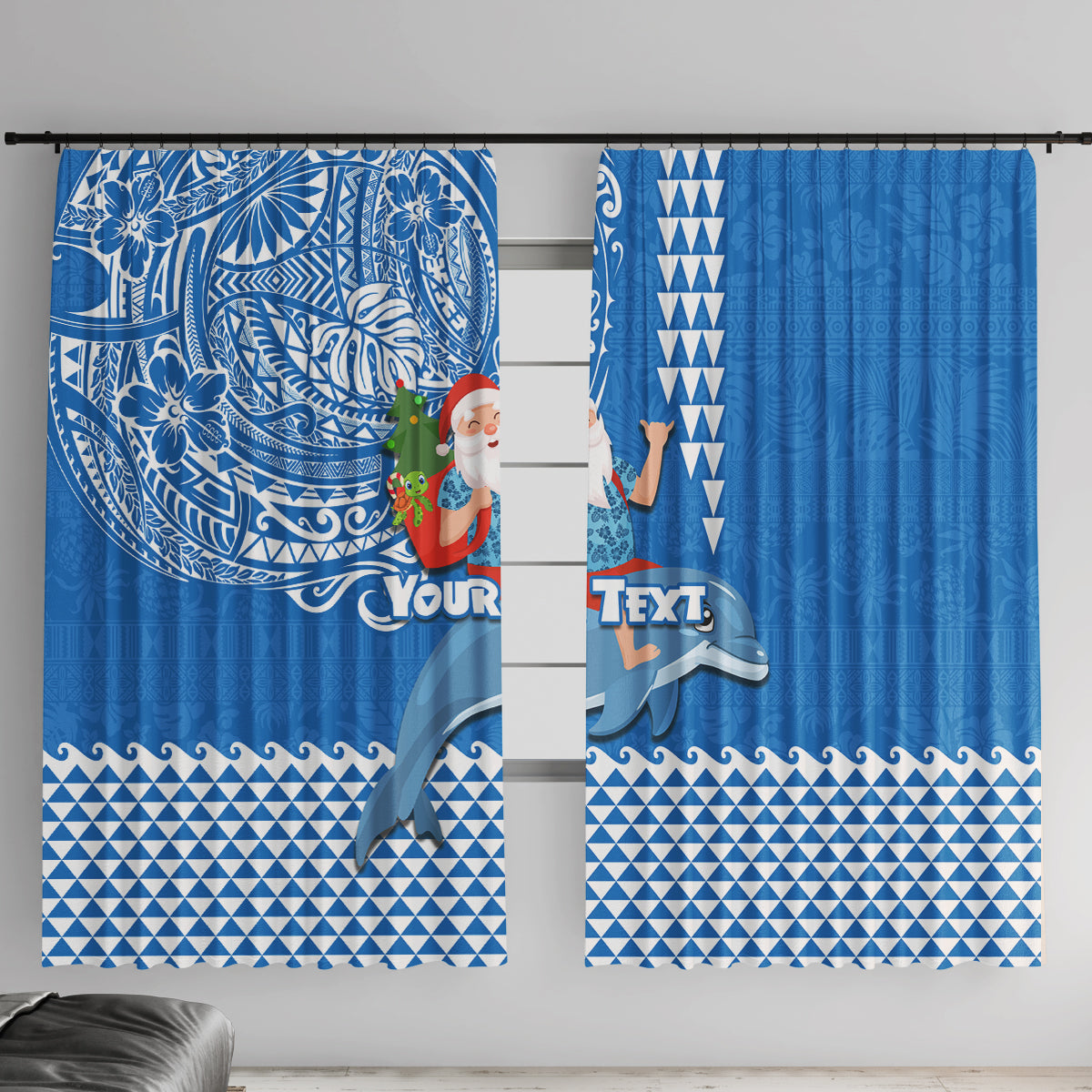 Custom Hawaii Mele Kalikimaka Window Curtain Santa Riding The DolPhin Mix Kakau Pattern Blue Style LT03 With Hooks Blue - Polynesian Pride