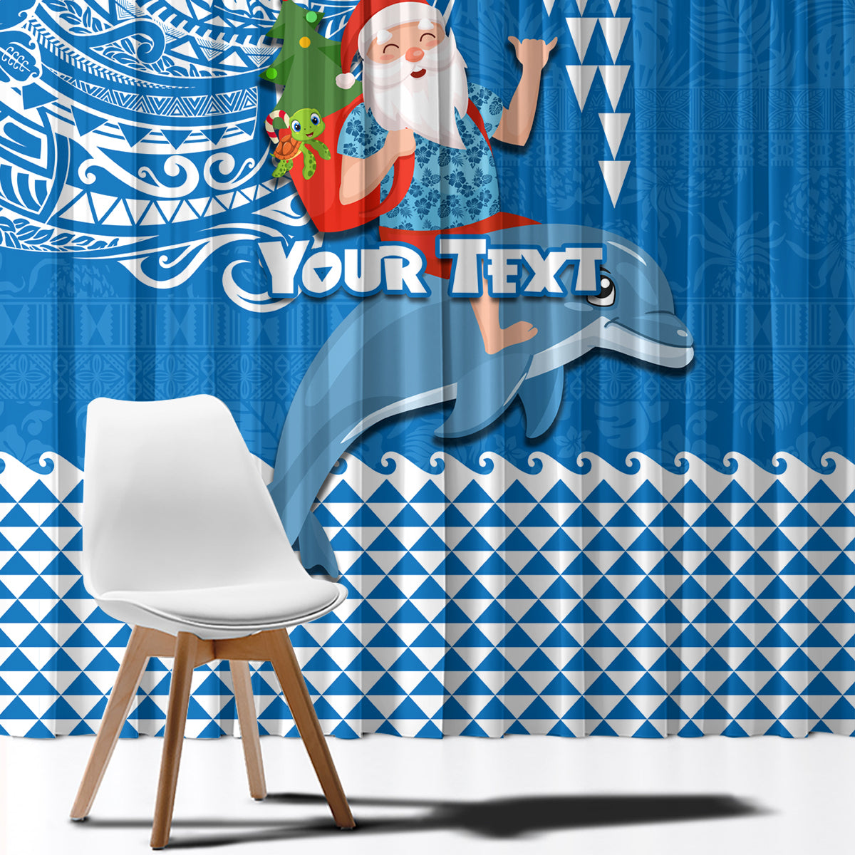 Custom Hawaii Mele Kalikimaka Window Curtain Santa Riding The DolPhin Mix Kakau Pattern Blue Style LT03 - Polynesian Pride