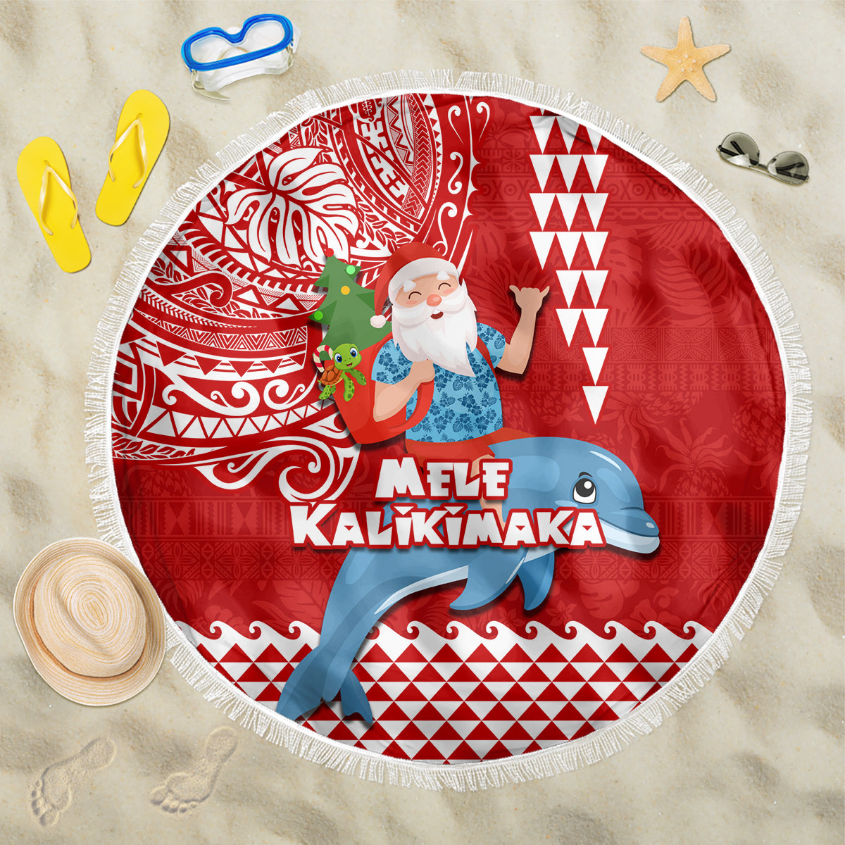 Hawaii Mele Kalikimaka Beach Blanket Santa Riding The DolPhin Mix Kakau Pattern Red Style LT03 One Size 150cm Red - Polynesian Pride