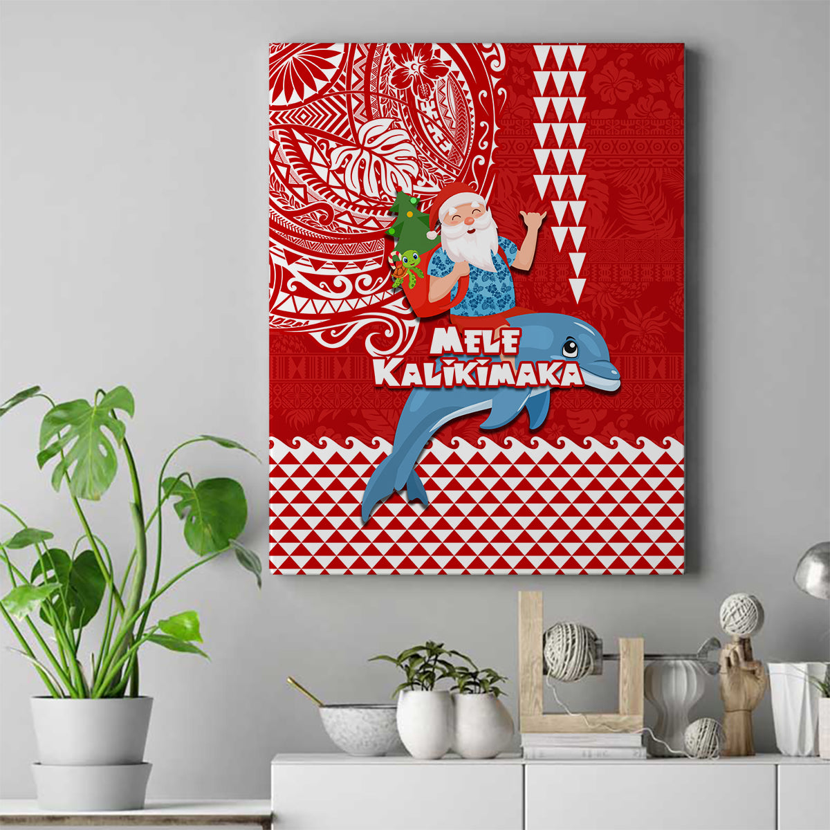 Hawaii Mele Kalikimaka Canvas Wall Art Santa Riding The DolPhin Mix Kakau Pattern Red Style LT03 Red - Polynesian Pride