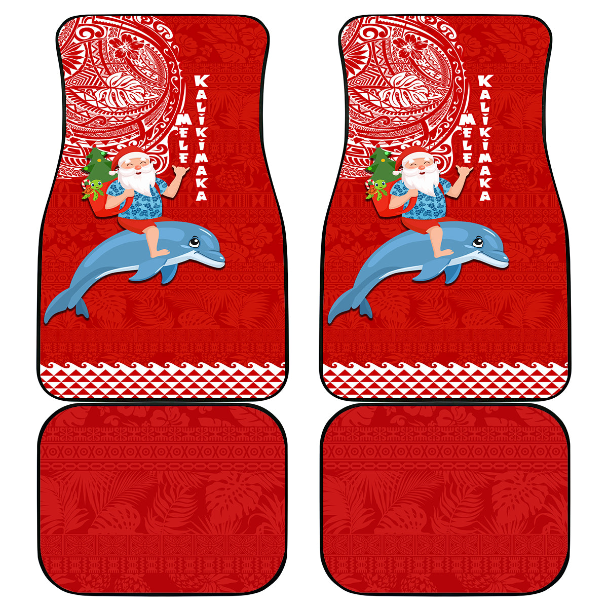 Hawaii Mele Kalikimaka Car Mats Santa Riding The DolPhin Mix Kakau Pattern Red Style LT03 Red - Polynesian Pride