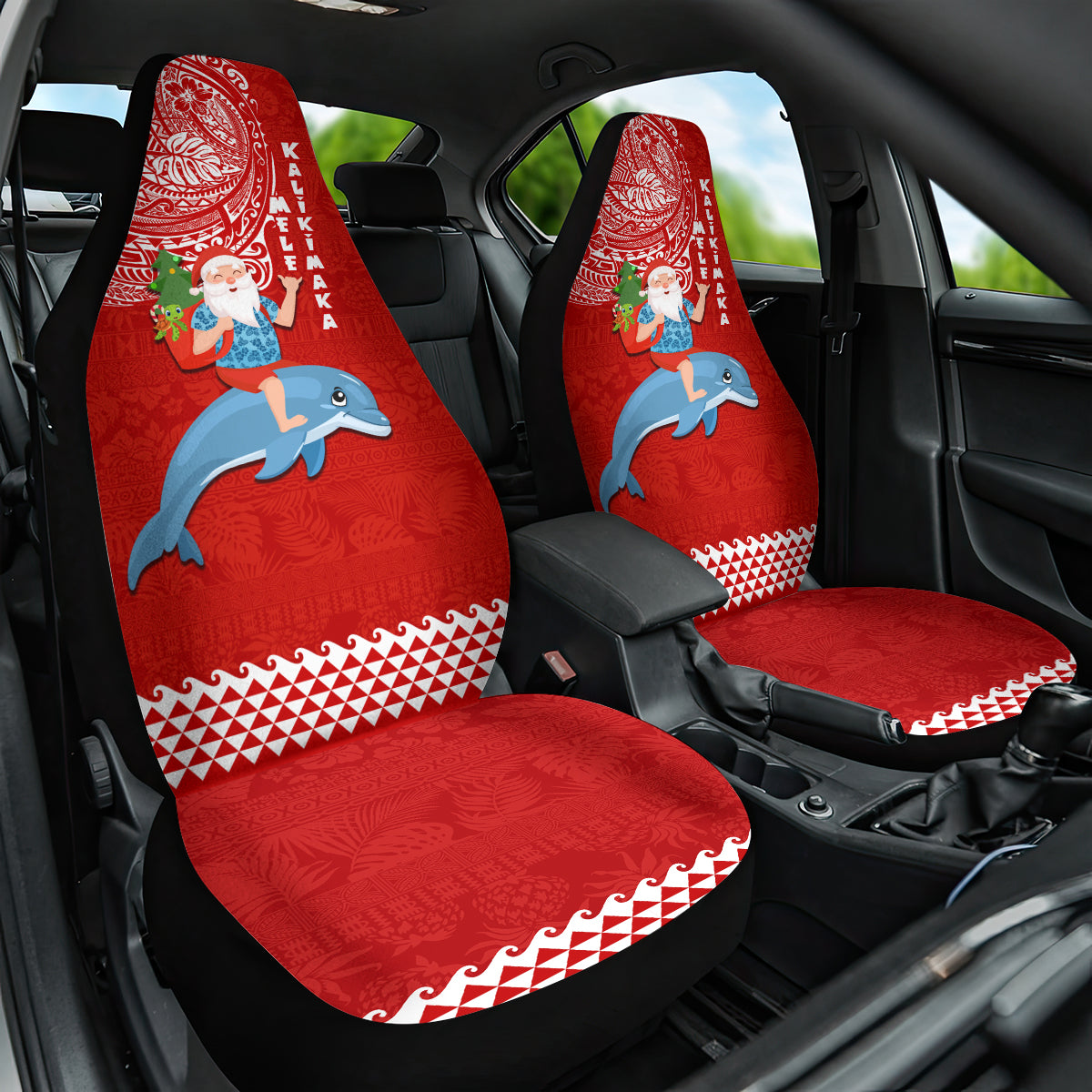 Hawaii Mele Kalikimaka Car Seat Cover Santa Riding The DolPhin Mix Kakau Pattern Red Style LT03 One Size Red - Polynesian Pride