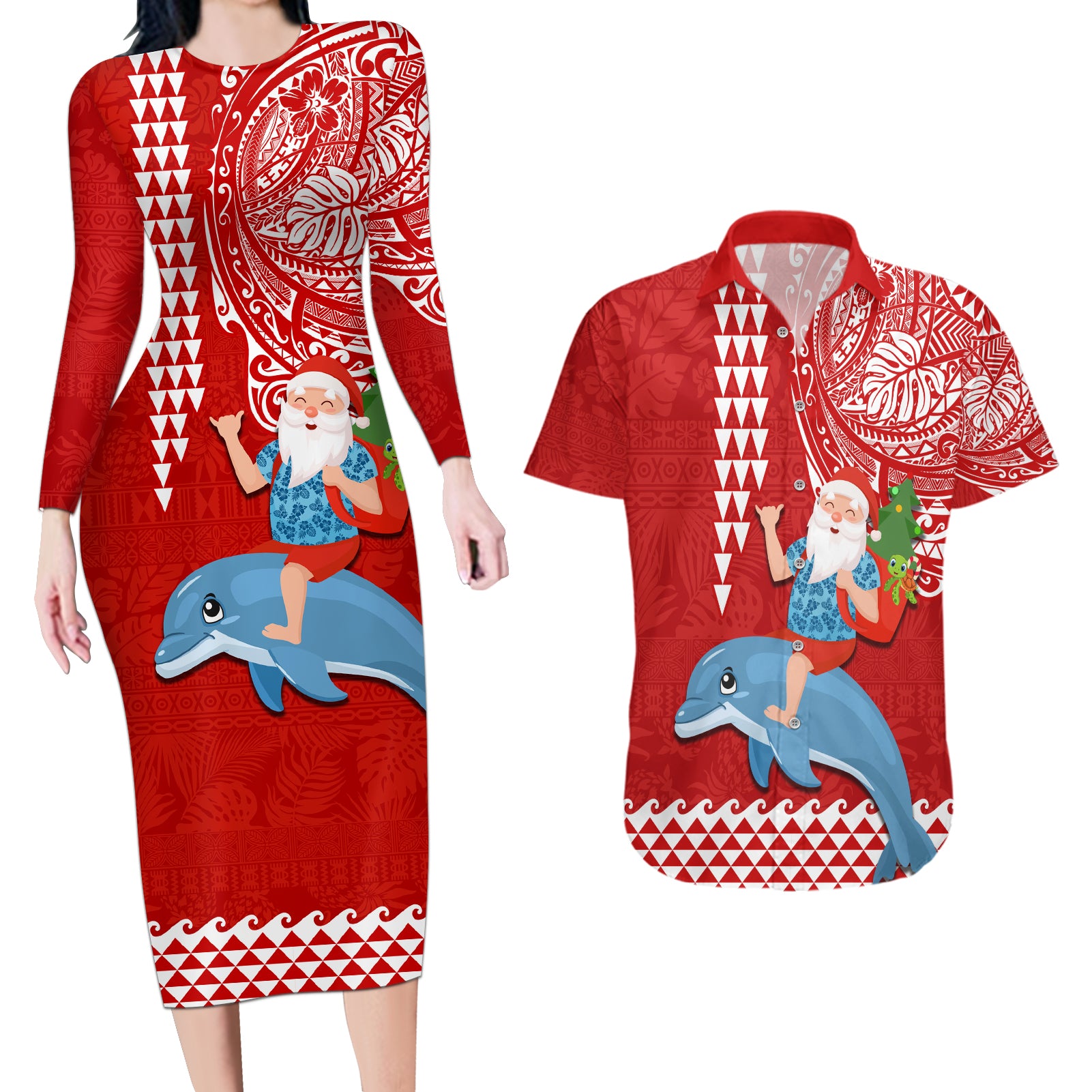 Hawaii Mele Kalikimaka Couples Matching Long Sleeve Bodycon Dress and Hawaiian Shirt Santa Riding The DolPhin Mix Kakau Pattern Red Style LT03 Red - Polynesian Pride