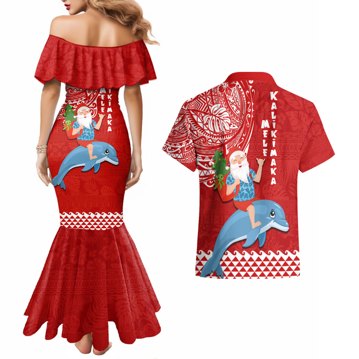 Hawaii Mele Kalikimaka Couples Matching Mermaid Dress and Hawaiian Shirt Santa Riding The DolPhin Mix Kakau Pattern Red Style LT03 - Polynesian Pride