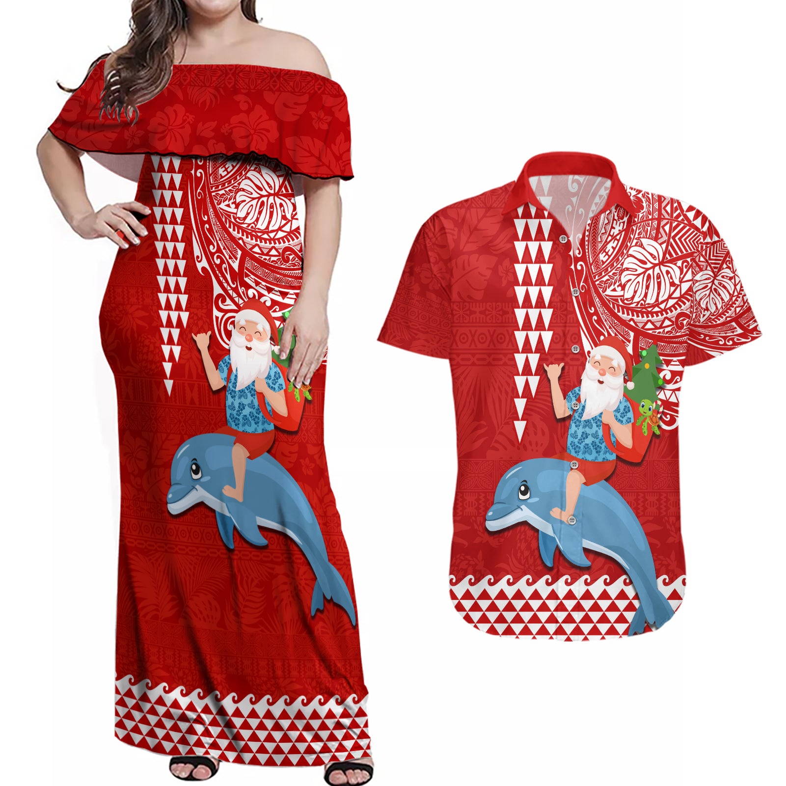 Hawaii Mele Kalikimaka Couples Matching Off Shoulder Maxi Dress and Hawaiian Shirt Santa Riding The DolPhin Mix Kakau Pattern Red Style LT03 Red - Polynesian Pride