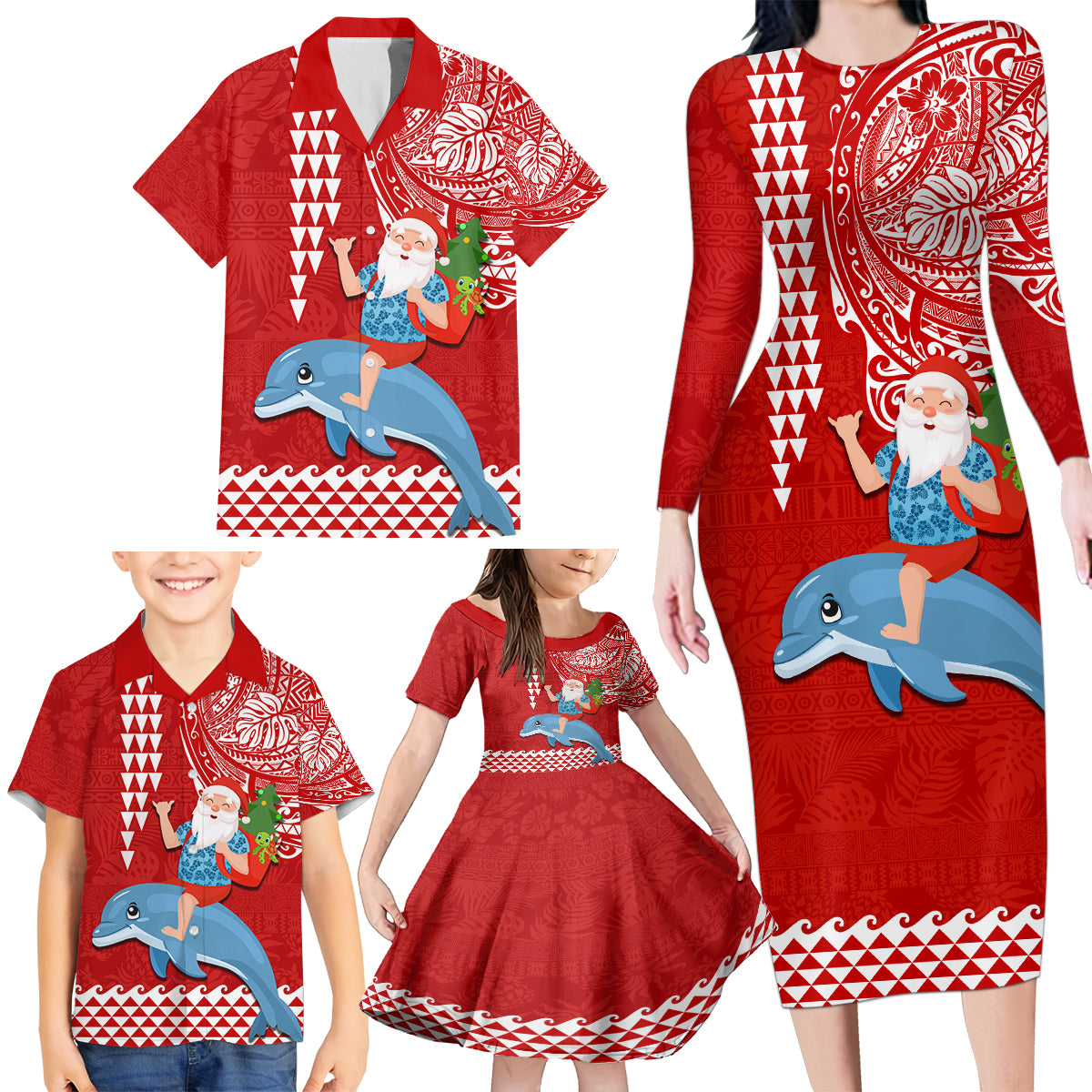 Hawaii Mele Kalikimaka Family Matching Long Sleeve Bodycon Dress and Hawaiian Shirt Santa Riding The DolPhin Mix Kakau Pattern Red Style LT03 - Polynesian Pride