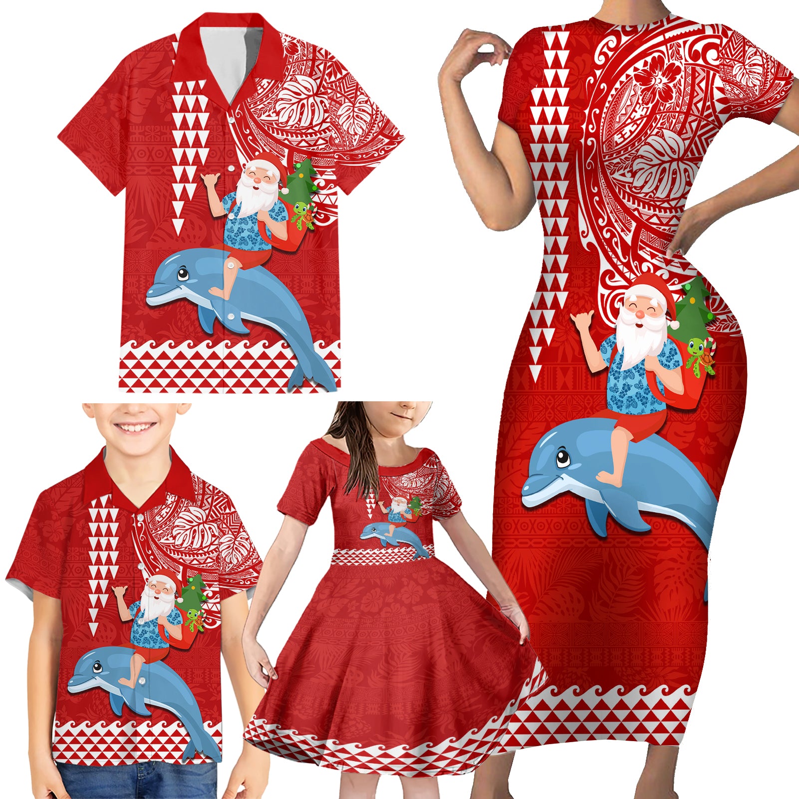 Hawaii Mele Kalikimaka Family Matching Short Sleeve Bodycon Dress and Hawaiian Shirt Santa Riding The DolPhin Mix Kakau Pattern Red Style LT03 - Polynesian Pride