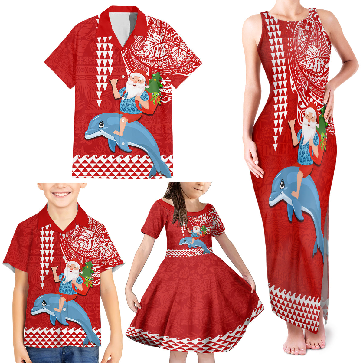 Hawaii Mele Kalikimaka Family Matching Tank Maxi Dress and Hawaiian Shirt Santa Riding The DolPhin Mix Kakau Pattern Red Style LT03 - Polynesian Pride