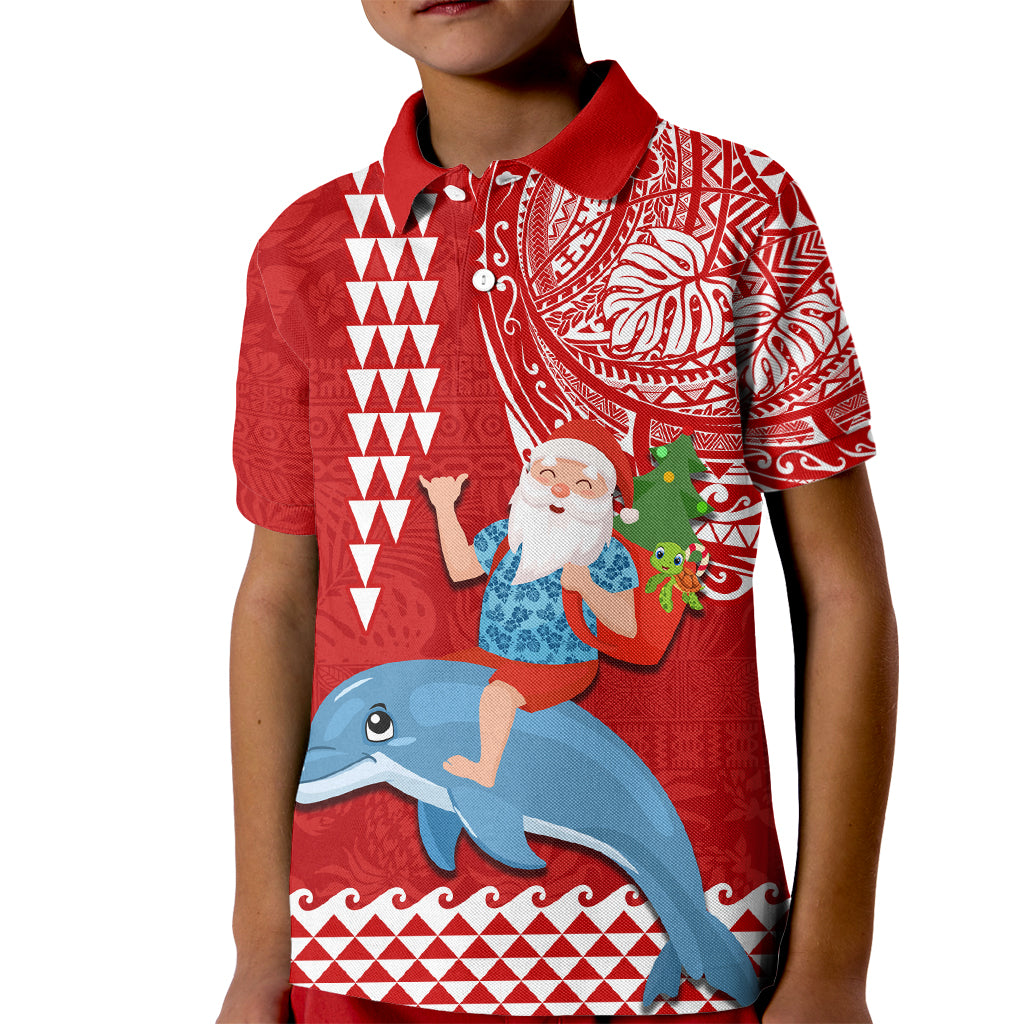 Hawaii Mele Kalikimaka Kid Polo Shirt Santa Riding The DolPhin Mix Kakau Pattern Red Style LT03 Kid Red - Polynesian Pride