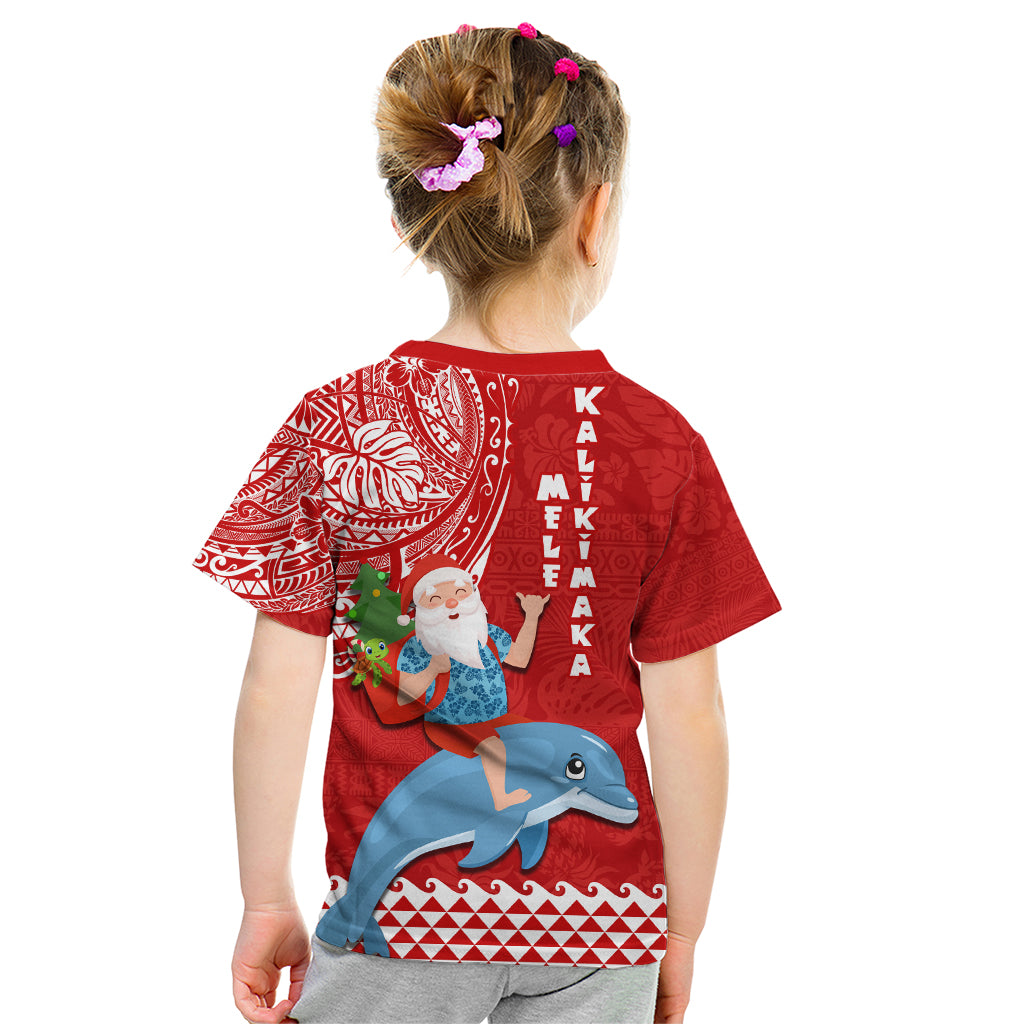 Hawaii Mele Kalikimaka Kid T Shirt Santa Riding The DolPhin Mix Kakau Pattern Red Style LT03 - Polynesian Pride