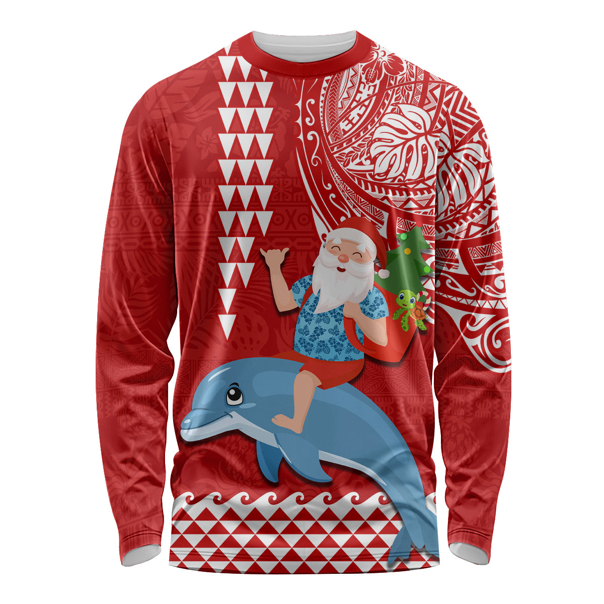 Hawaii Mele Kalikimaka Long Sleeve Shirt Santa Riding The DolPhin Mix Kakau Pattern Red Style LT03 Unisex Red - Polynesian Pride