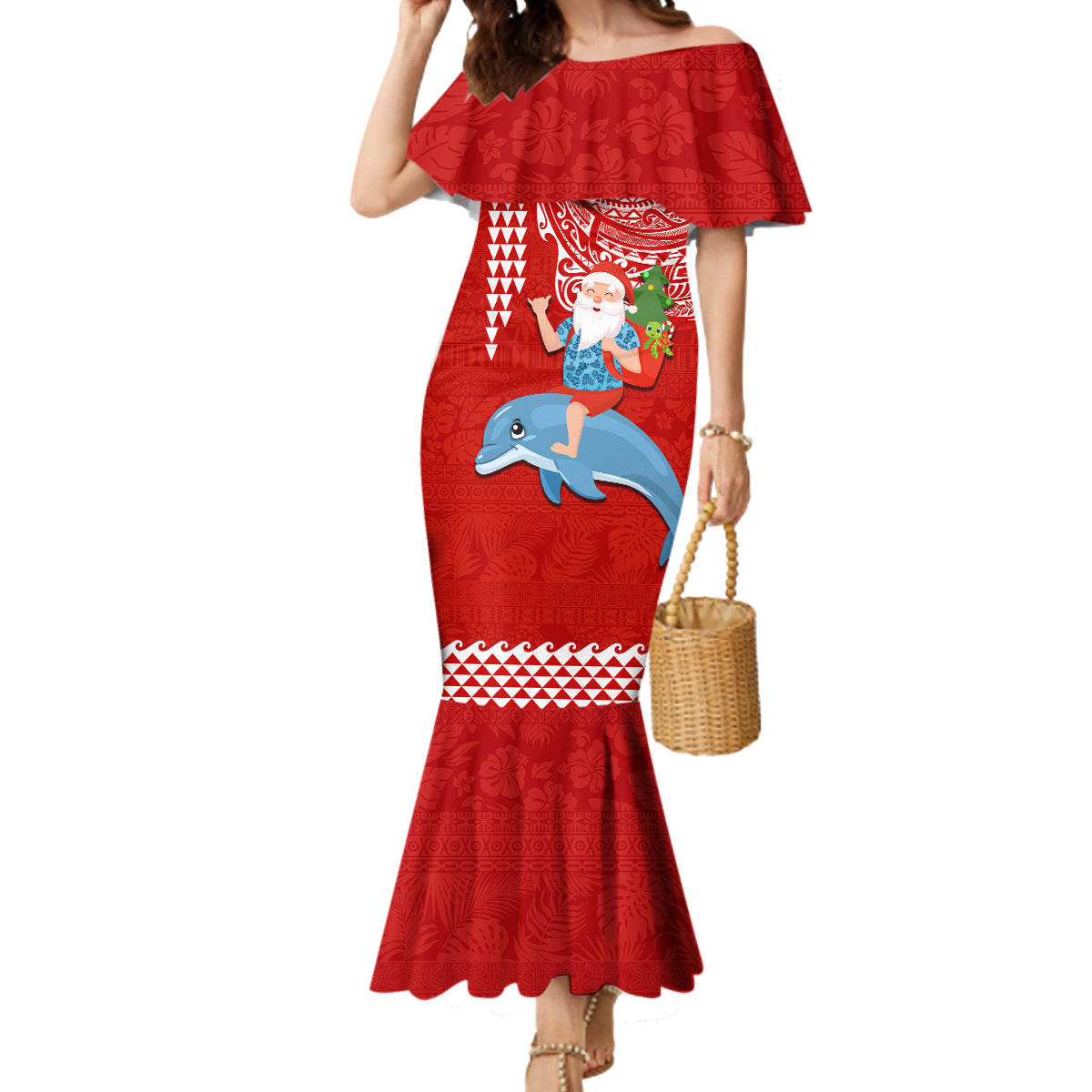 Hawaii Mele Kalikimaka Mermaid Dress Santa Riding The DolPhin Mix Kakau Pattern Red Style LT03 Women Red - Polynesian Pride