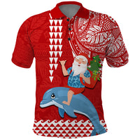 Hawaii Mele Kalikimaka Polo Shirt Santa Riding The DolPhin Mix Kakau Pattern Red Style LT03 Red - Polynesian Pride