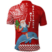Hawaii Mele Kalikimaka Polo Shirt Santa Riding The DolPhin Mix Kakau Pattern Red Style LT03 - Polynesian Pride
