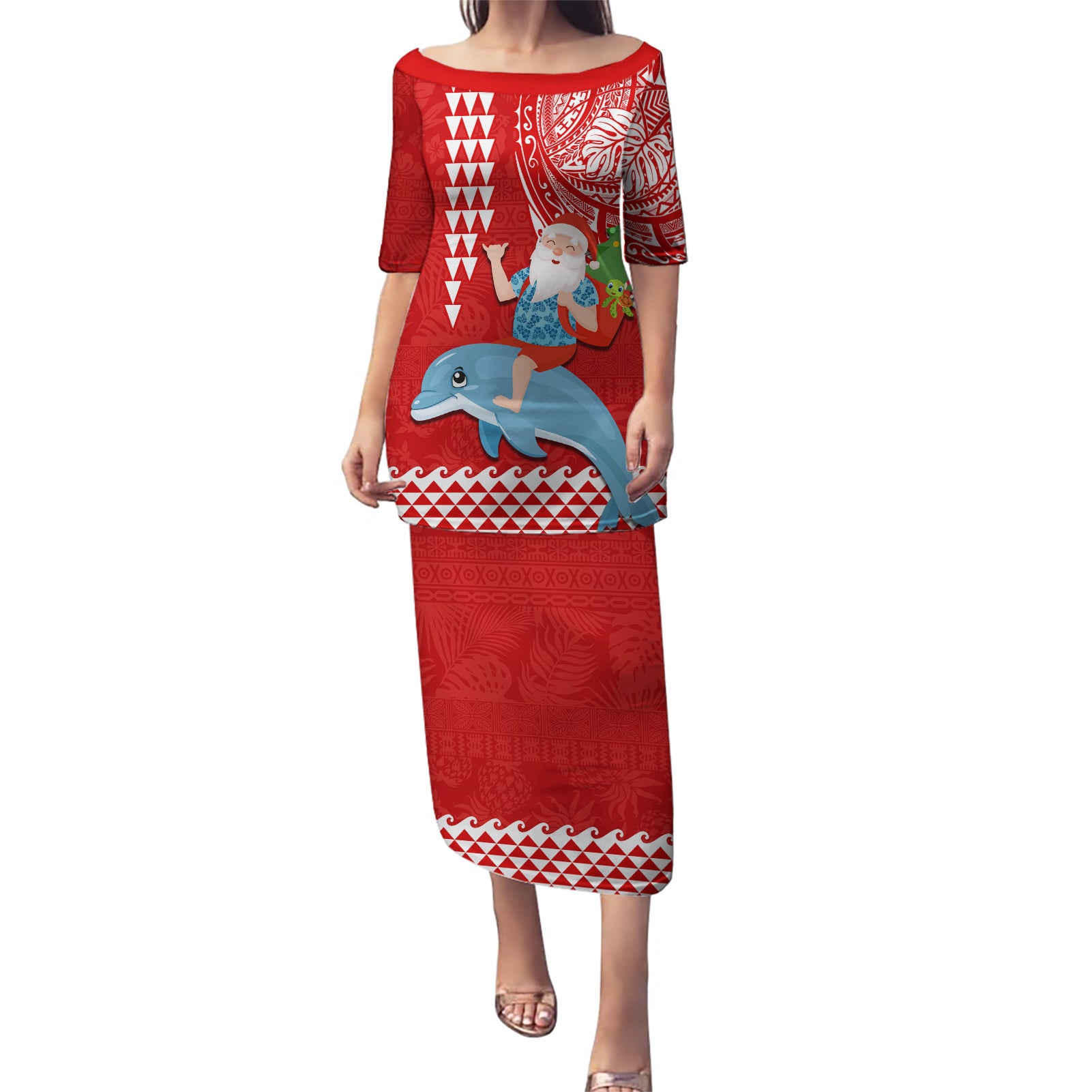 Hawaii Mele Kalikimaka Puletasi Santa Riding The DolPhin Mix Kakau Pattern Red Style LT03 Long Dress Red - Polynesian Pride