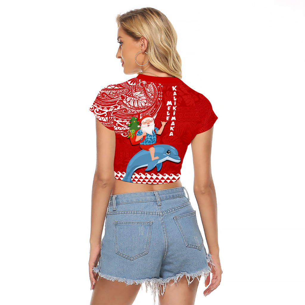 Hawaii Mele Kalikimaka Raglan Cropped T Shirt Santa Riding The DolPhin Mix Kakau Pattern Red Style LT03 - Polynesian Pride
