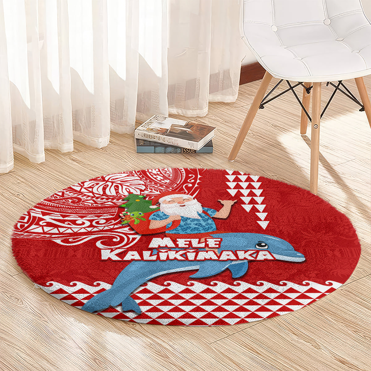 Hawaii Mele Kalikimaka Round Carpet Santa Riding The DolPhin Mix Kakau Pattern Red Style LT03 - Polynesian Pride