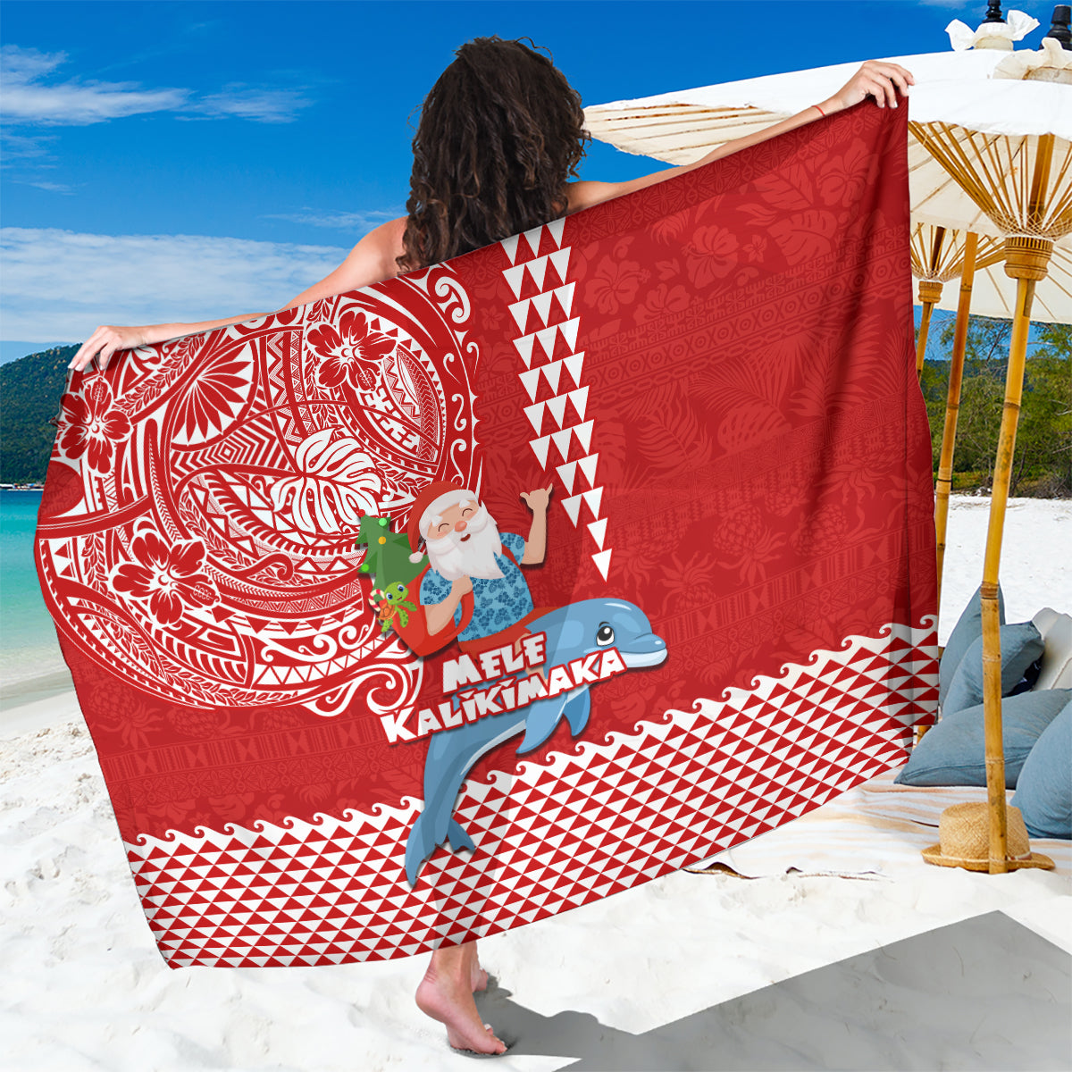 Hawaii Mele Kalikimaka Sarong Santa Riding The DolPhin Mix Kakau Pattern Red Style LT03 One Size 44 x 66 inches Red - Polynesian Pride