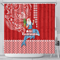 Hawaii Mele Kalikimaka Shower Curtain Santa Riding The DolPhin Mix Kakau Pattern Red Style LT03 - Polynesian Pride