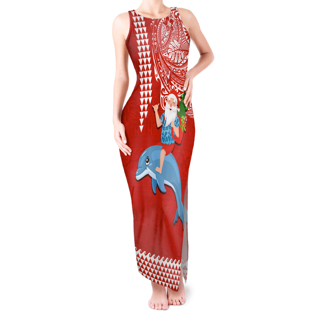 Hawaii Mele Kalikimaka Tank Maxi Dress Santa Riding The DolPhin Mix Kakau Pattern Red Style LT03 Women Red - Polynesian Pride