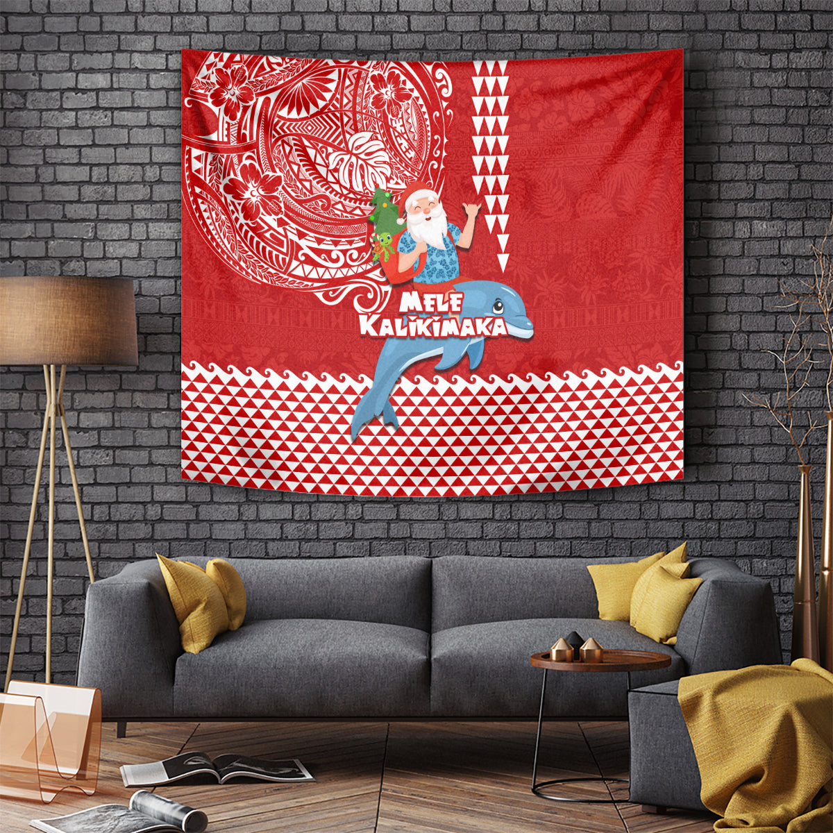 Hawaii Mele Kalikimaka Tapestry Santa Riding The DolPhin Mix Kakau Pattern Red Style LT03 Red - Polynesian Pride