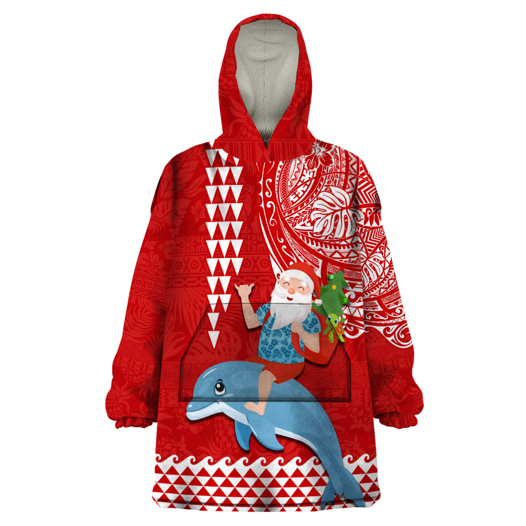 Hawaii Mele Kalikimaka Wearable Blanket Hoodie Santa Riding The DolPhin Mix Kakau Pattern Red Style LT03 One Size Red - Polynesian Pride